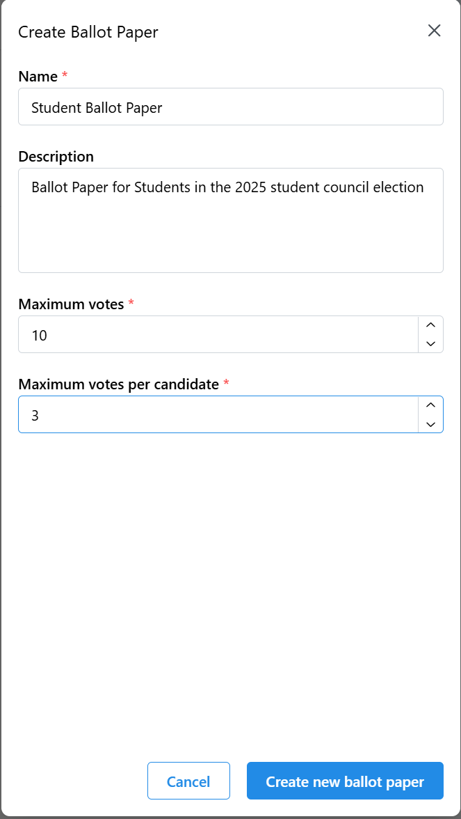 Ballot Paper Creation Dialog Screenshot