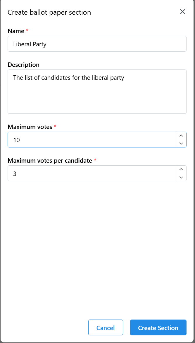 Ballot Paper Section Creation Dialog Screenshot