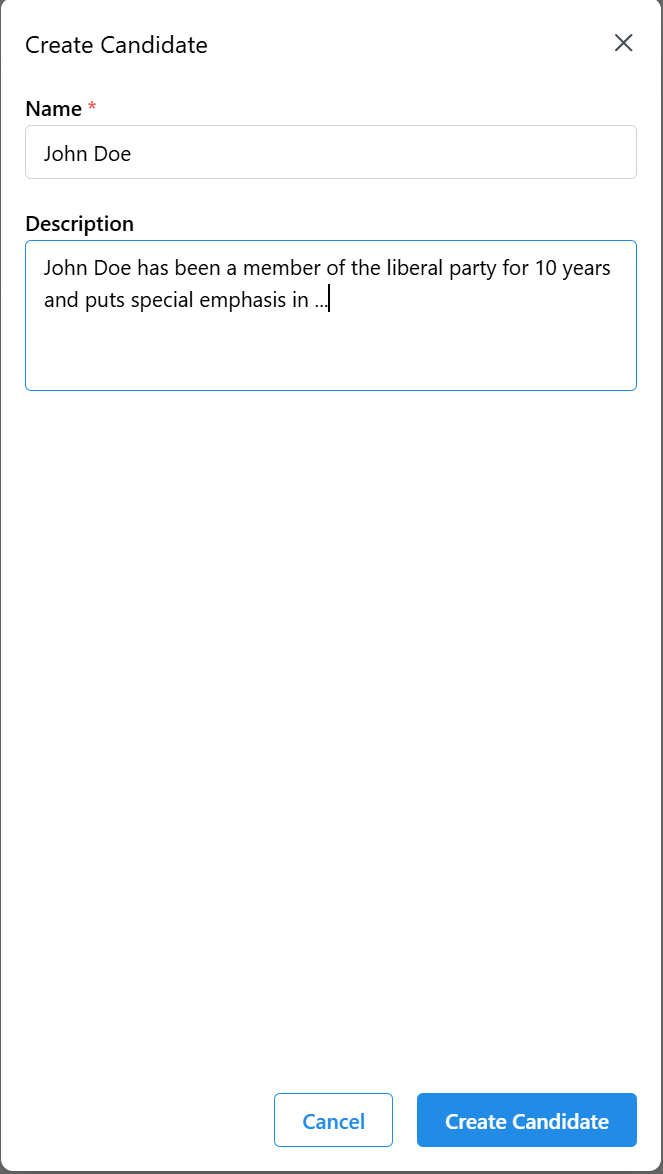 Candidate Creation Dialog Screenshot